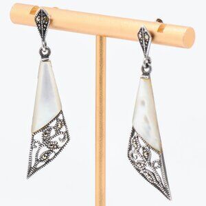 Vintage Sterling Silver MOP Marcasite Dangle Stud Earrings